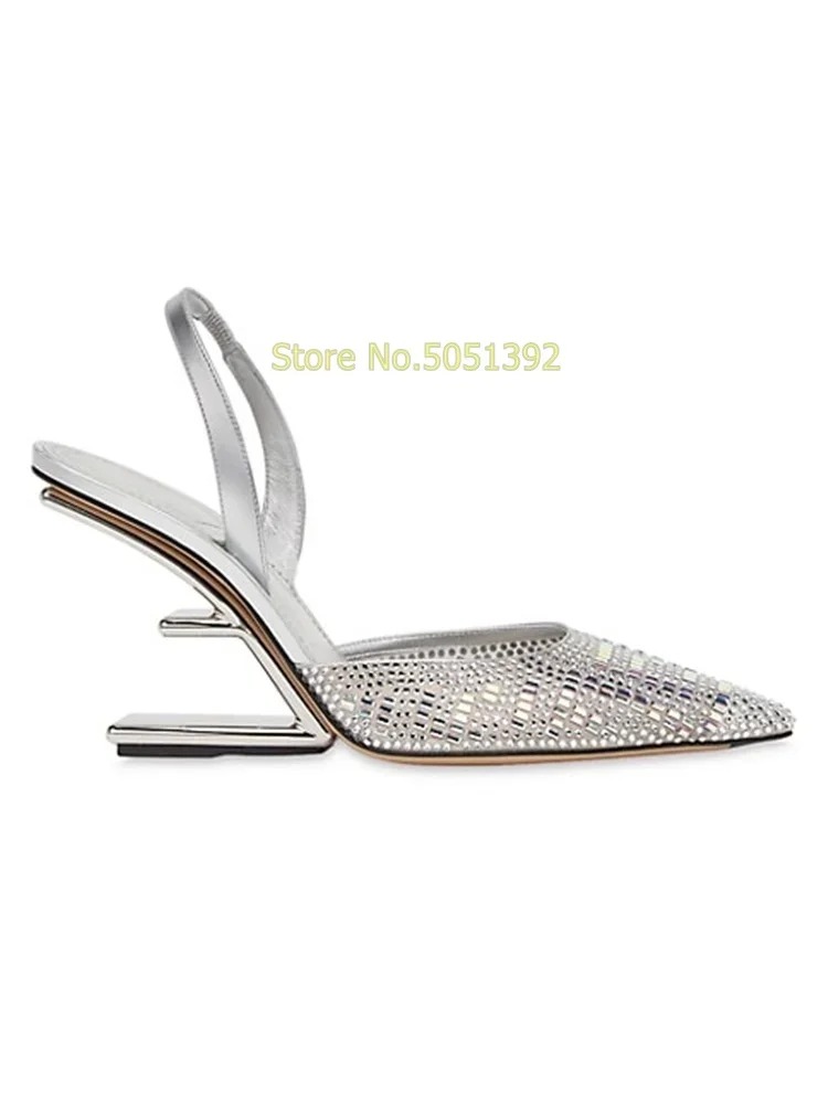 Silver Crystal Back Strap Pumps Strange Style Sexy Pointed Toe Shallow Slip On Fashion 2024 Summer Spring Women Dress Shoes