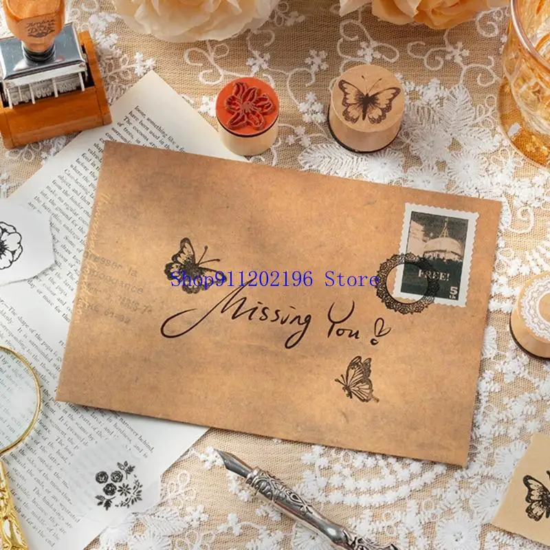 P82A 8Pcs Vintage Scrapbooking Stamp Craft Stamp Flower Stamper with Inkpad for Card Making Scrapbooking Journal Planner