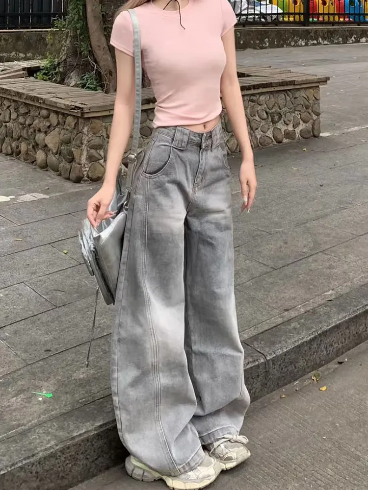 Jeans leggeri con coltello a gamba larga Pantaloni da donna a vita alta con taglio dritto fino al pavimento American Sle Winter Nuovo design