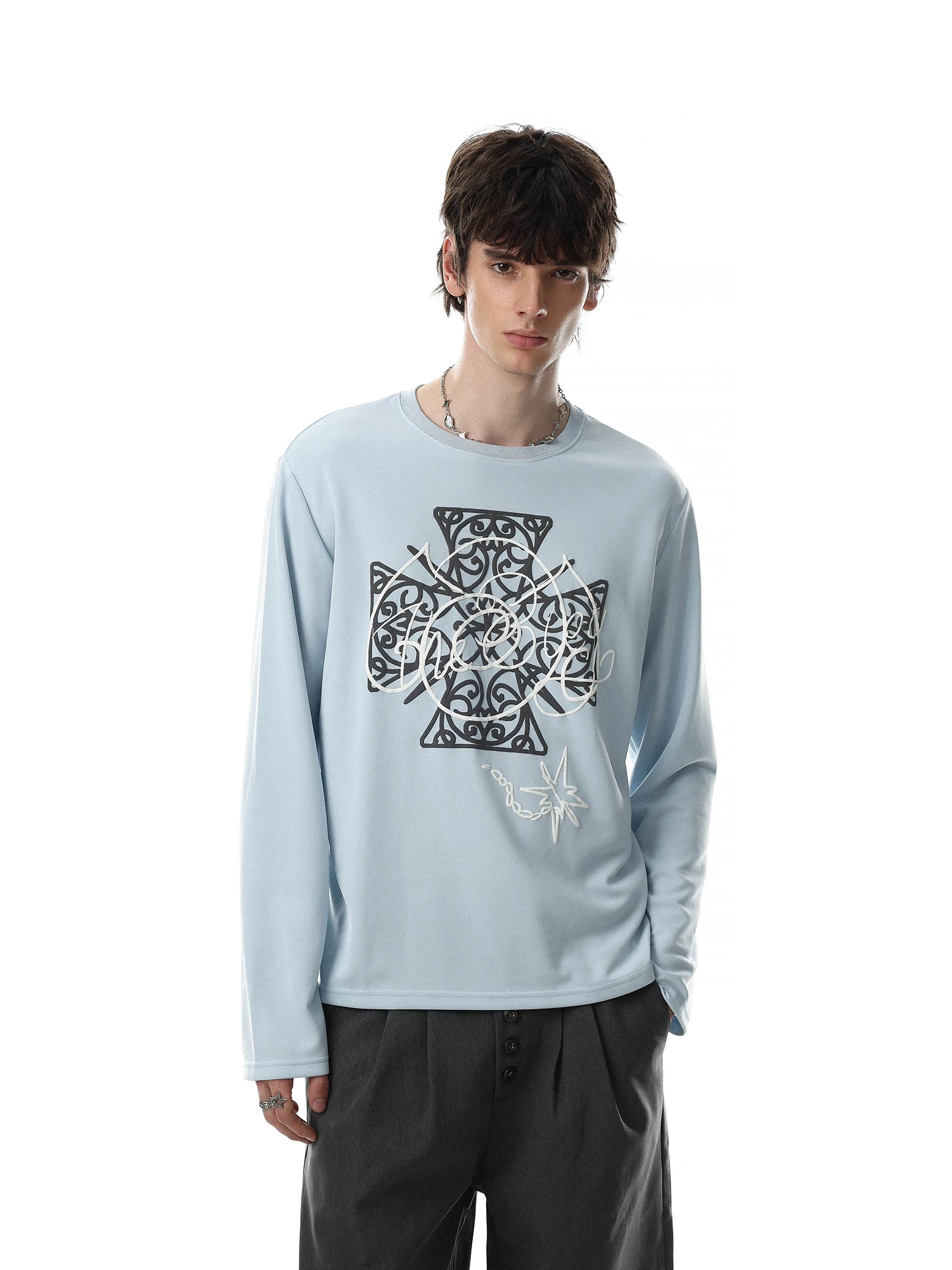 American Retro Cross Line Print Long Sleeve T-Shirt Men Loose Casual Top Breathable Polyester Fiber round Neck Regular Length