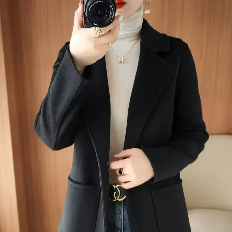 Elegant Women Reversible Cashmere Coat Female Fashion Slim Fit Mid-Length Woolen Outwear One Button Casual Solid Color Outcoat