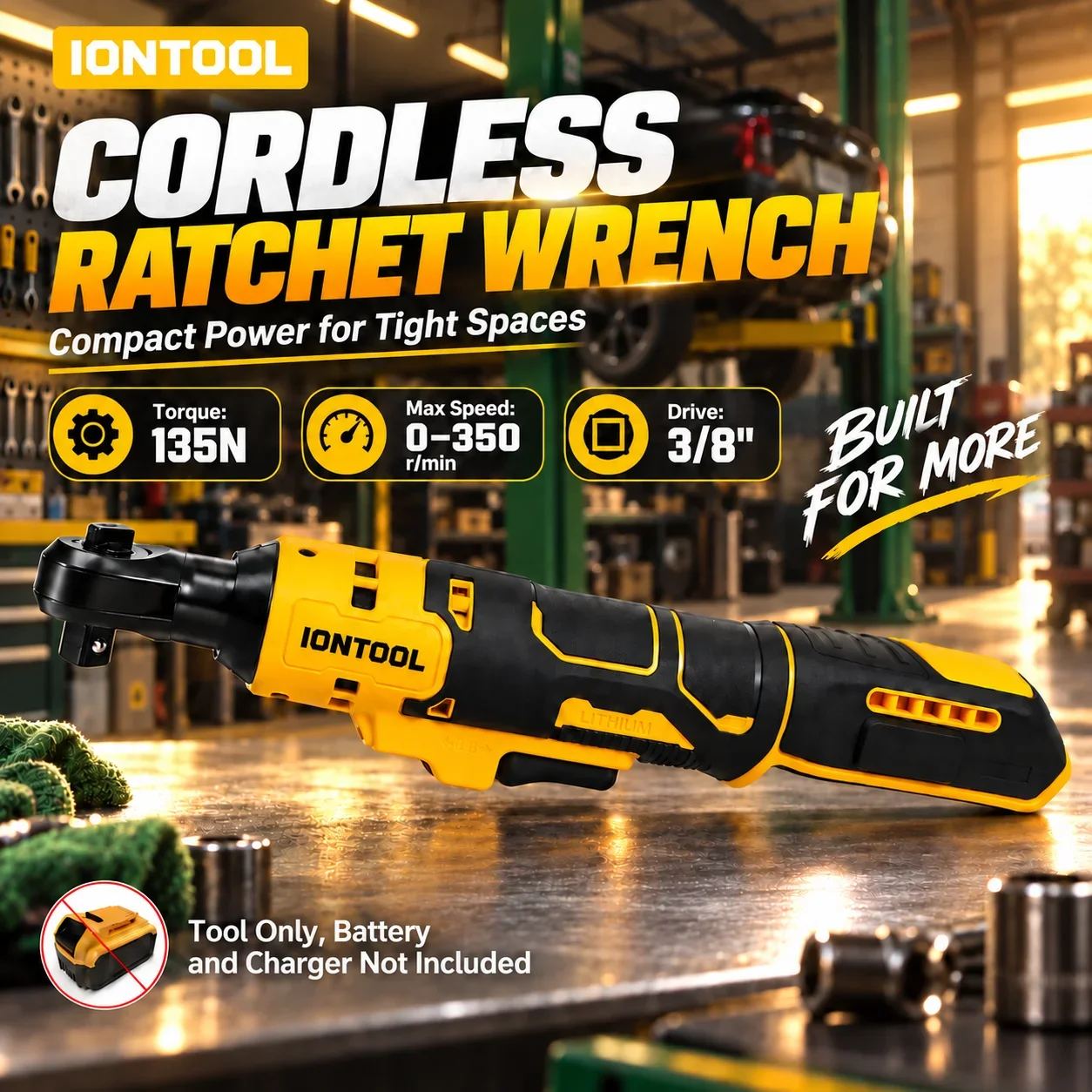 IONTOOL Cordless Ratchet Wrench 135N For Loosening Exhaust Manifold Nuts During Turbocharger Replacement In A Local Auto Shop