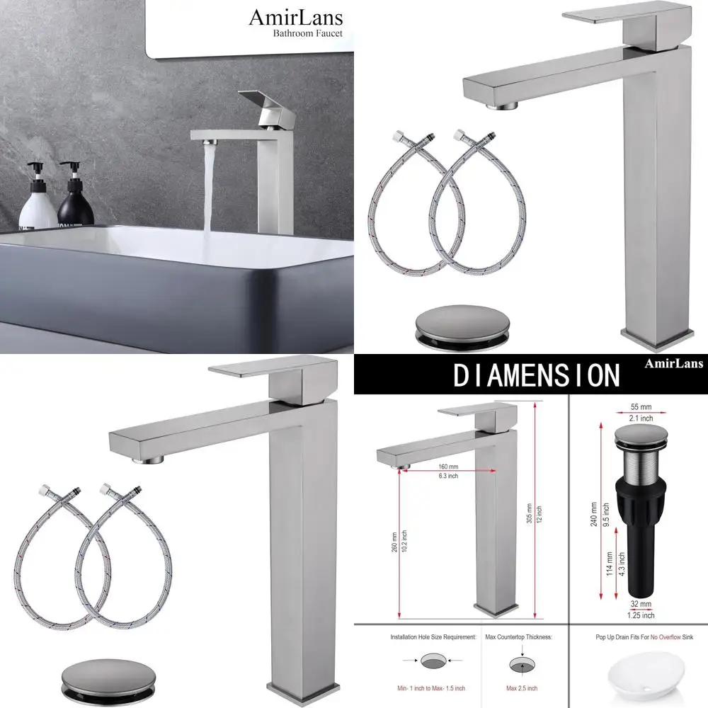 

Single Handle Brushed Nickel Tall Vessel Sink Faucet with Pop-Up Drain, AML-11411-BN