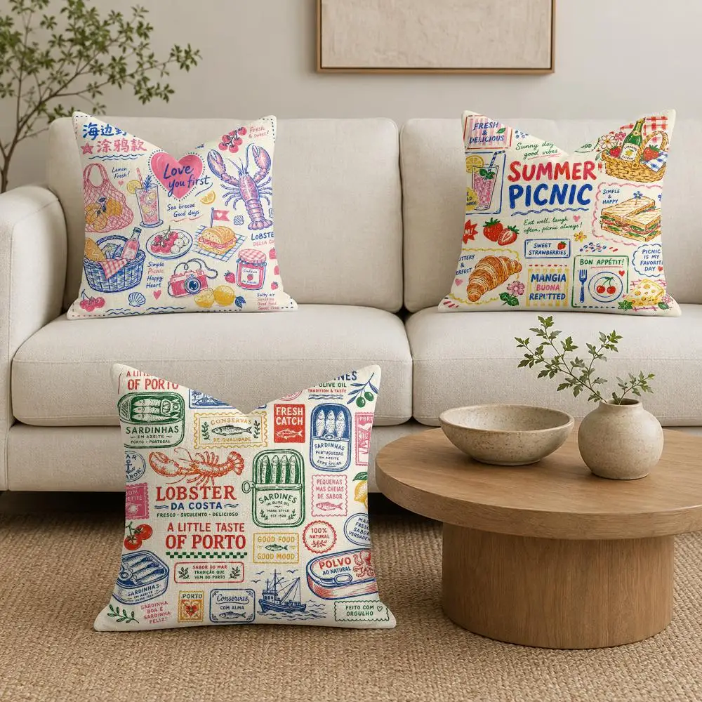 Lobster Sardine Food Cushion Cover Organic Linen Throw Pillow Cover - Double-Sided Print Breathable Cushion Case Home Decor