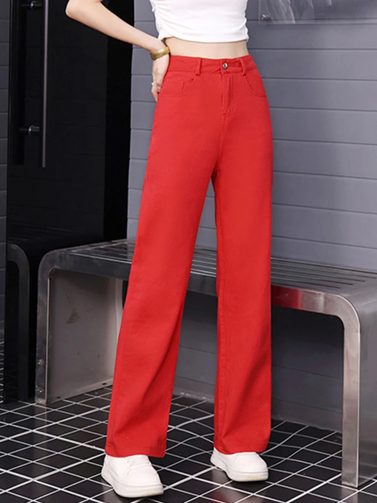 

High Waist Straight Leg Red Jeans Women's Casual Loose Slimming American Style Long Pants Commute Series Rhinestone Denim
