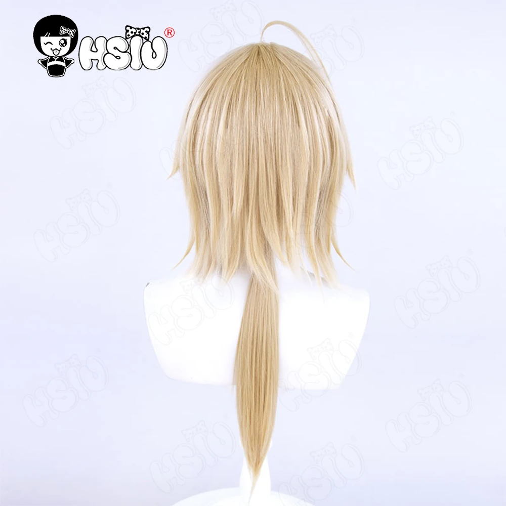 Mlynar Wig Cosplay, Wig permainan Arknights Cosplay HSIU 60CM, rambut palsu sintetis Panjang ekor kuda kuning muda + topi Wig Arknights