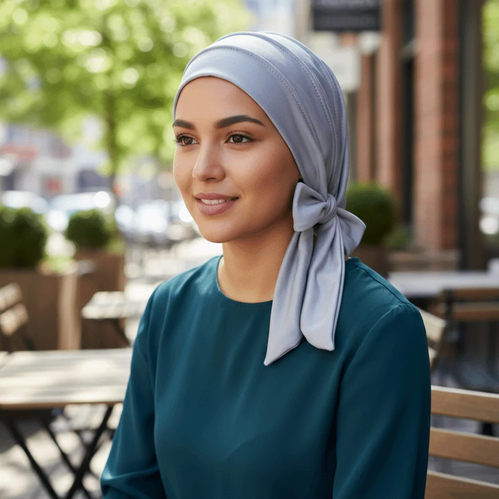 Lightweight Solid Color Headscarf Hat Long Tail Stretch Hijab Breathable Pre-Tied Chemo Hat Daily