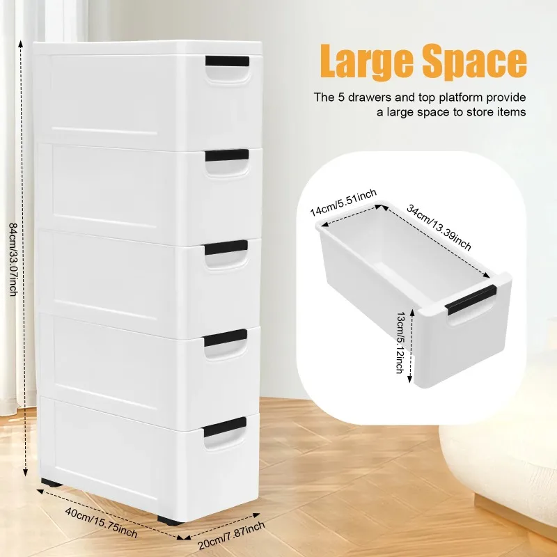 White Storage Cabinet 20*40*84cm with Four Wheels and 5 Drawers Large Capacity for Storing Clothes, Towels, Toys