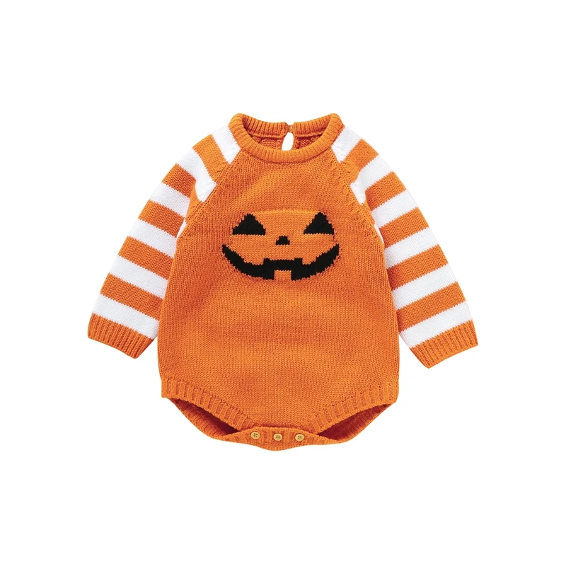 2023-06-24 Lioraitiin 0-18M Baby Boy Girl Sweater Halloween Bodysuit Striped Long Sleeve Round Neck Pumpkin Face Print Jumpsuit