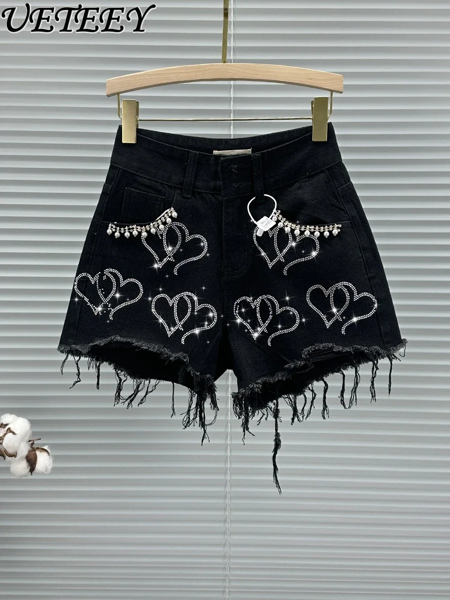 

Hot Diamond Beaded Black Denim Shorts Women 2024 Summer and Autumn New High Waist Wide Leg Shorts Versatile Rough Edge Hot Pants