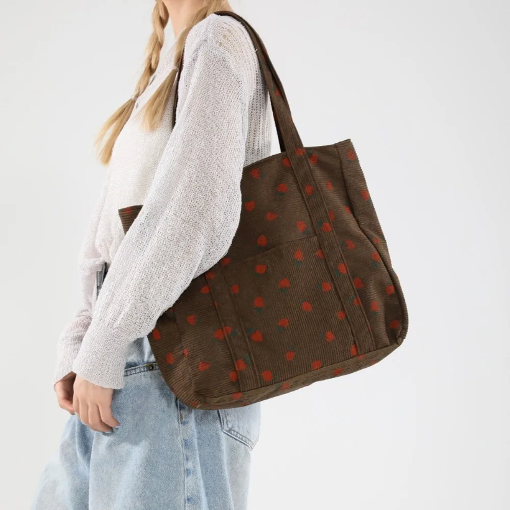 

Sweet Large Capacity Corduroy Handbag Zipper Corduroy Strawberries Beach Bag Strawberry Print Tote Bag