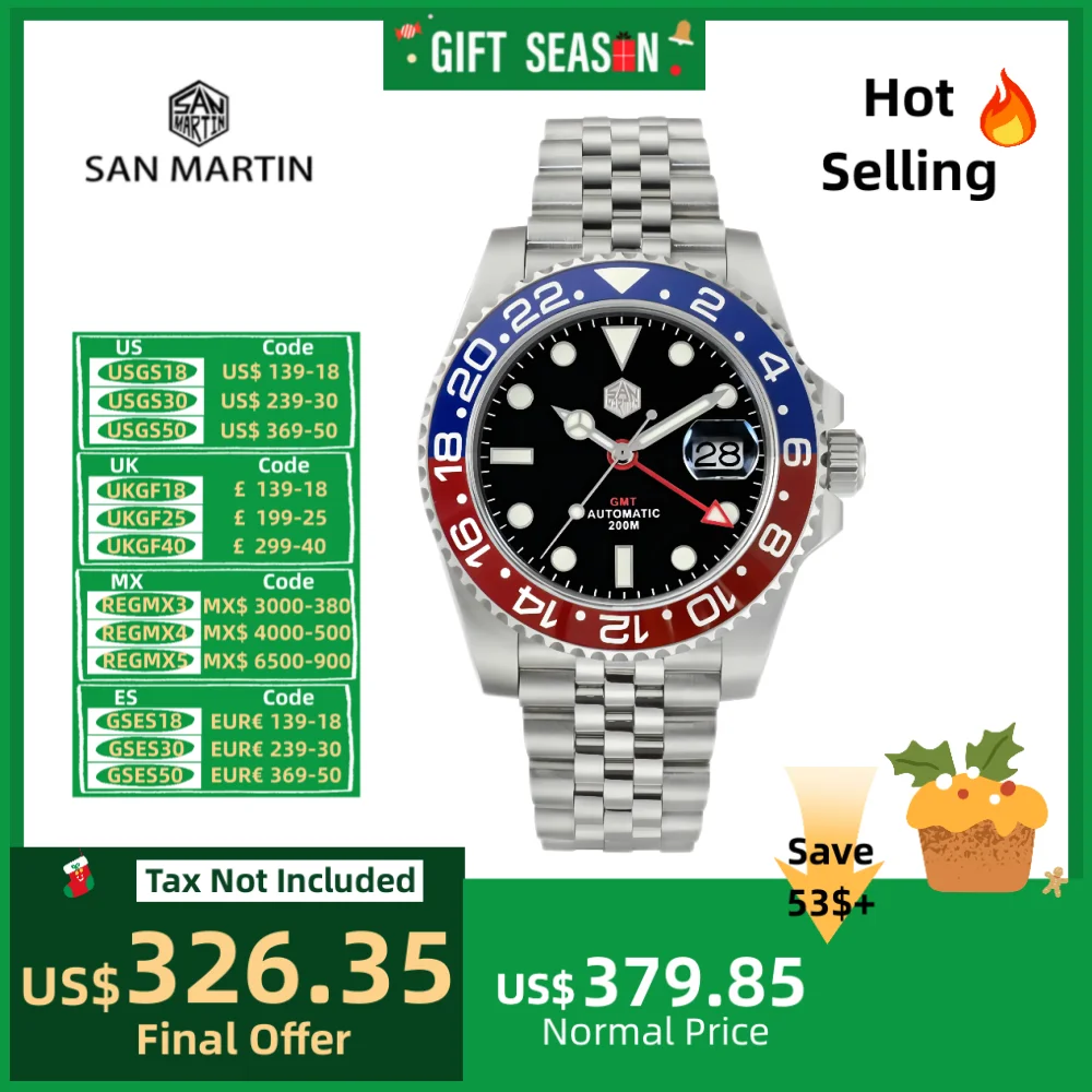 San Martin Men Automatic Mechanical Watch GMT Jubilee Bracelet Bidirectional Ceramic Bezel Sapphire Cyclops Waterproof SN0015-C