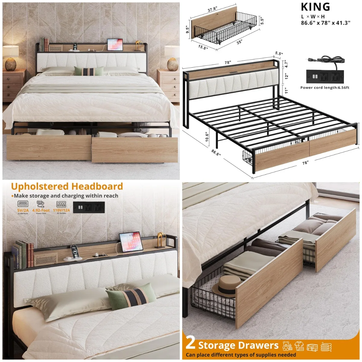 

King Size Bed Frame with Storage Headboard, Charging Station, Drawers, No Box Spring, Wood & Cream