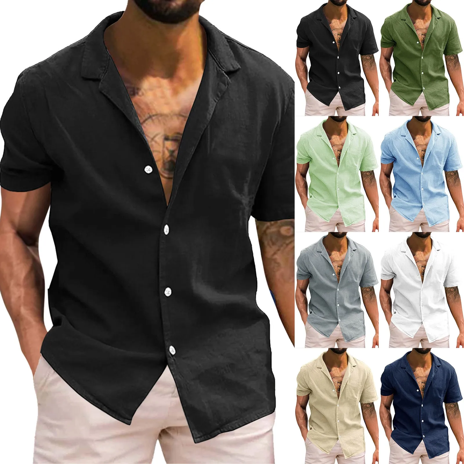 Camicia Hawaii stile spiaggia nera Top manica corta colletto rovesciato Camicetta con bottoni in cotone e lino Camicia ampia da uomo stile viaggio da lavoro