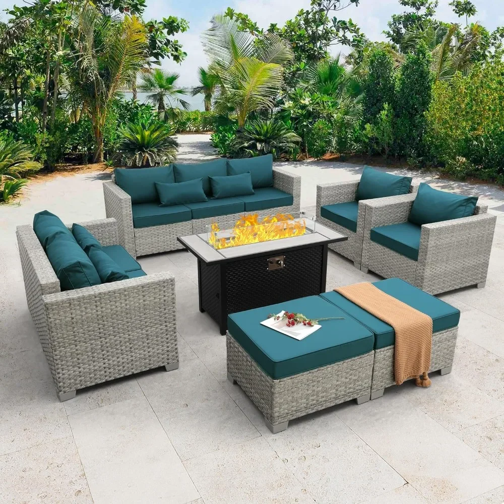 

Outdoor Patio Furniture Set Grey Wicker 7 Piece Couch Sets Conversation Chairs PE Rattan Sectional Sofa with 45" Fire Pit Table