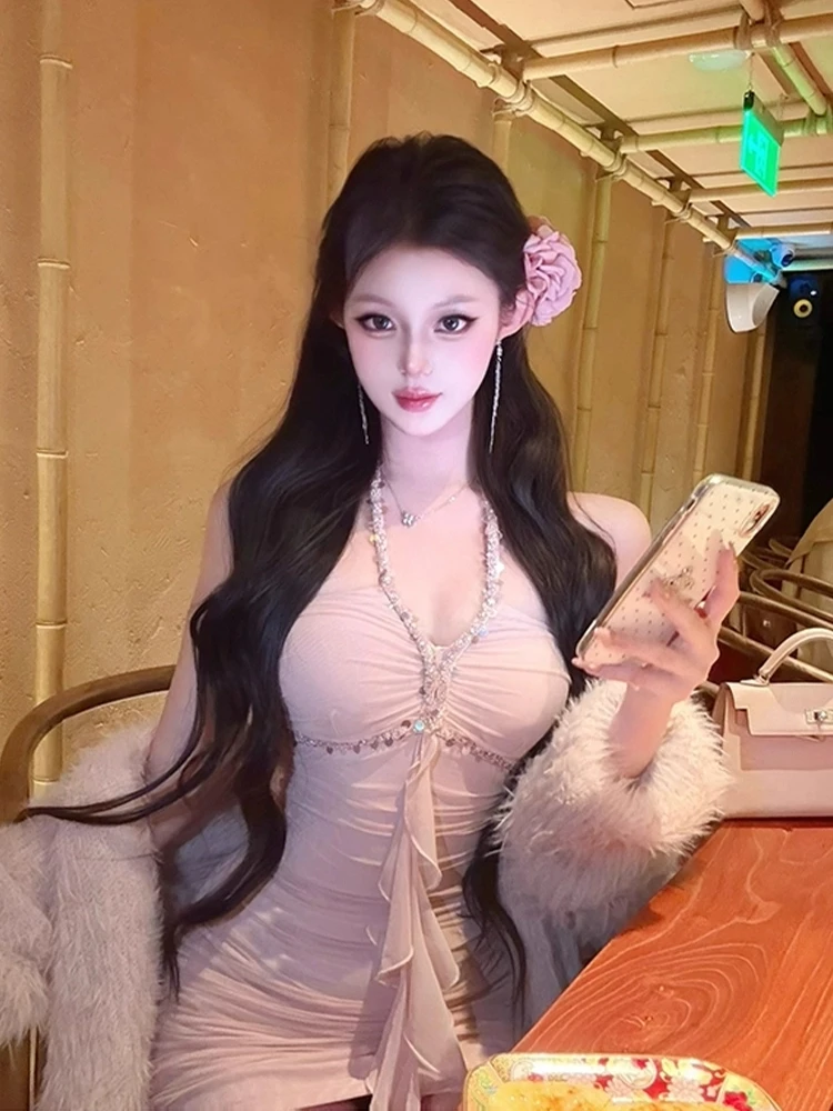 

Sexy Heavy Diamond Embellied Ne Hanging Dr Women's Slim Fit ort Skirt Winter Inner Wear Polyester Fiber Gown