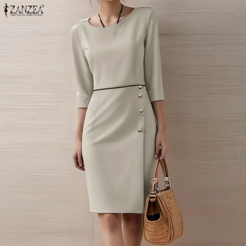 Office Elegant Knee-Length Dress Casual Loose Round Neck Vestidos ZANZEA 2026 3/4 Sleeve Patchwork Sundress Collect Waist Robe