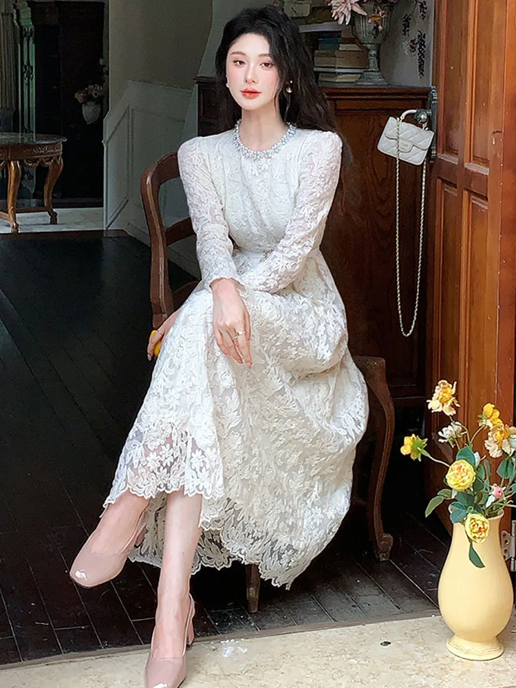 Francês vintage outono bordado flor oco para fora midi vestido elegante feminino luxo miçangas o pescoço magro a linha vestido de festa robe