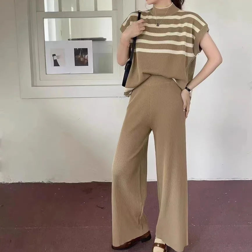 2024 New Elegant 2-piece Sets For Women Sweater Casual Pullovers Suits Knitted Loose Striped Sleeveless Tops Wide Leg Pants Sets