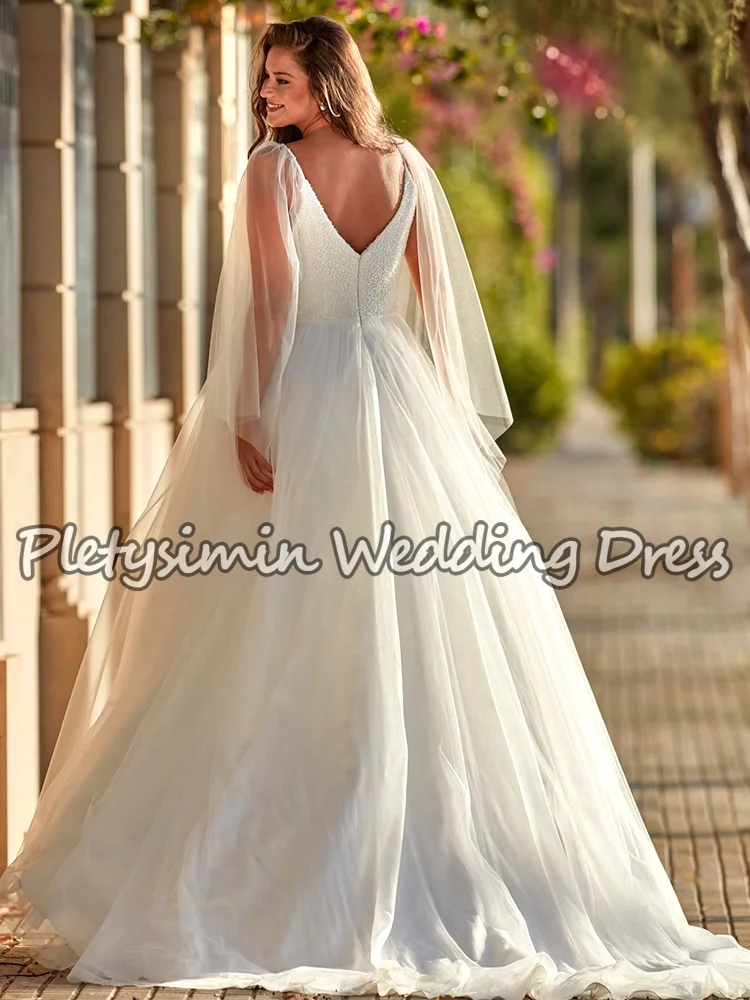 럭셔리 플러스 사이즈 웨딩 드레스 비즈 장식 스파게티 스트랩 딥 V 튤 케이프 신부 드레스 우아한 베스티도 데 노비아 맞춤 제작