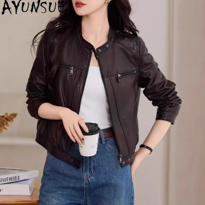 

AYUNSUE Women's Sheepskin Jacket Fashion Real Leather Long Sleeve Tops for Woman Short Moto Jacket Woman Clothes Casaco Feminino