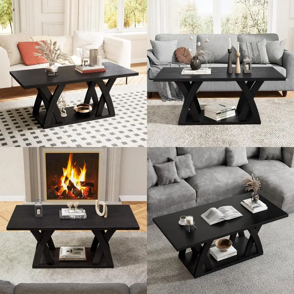 

Modern Farmhouse Style Coffee Table with Shelf, Black 47 Living Room Furniture, Grey Accents, Space-Saving Design