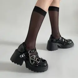 Woman Sweet Heart-Shaped Buckle Lolita Shoes Black Gothic Style Platform Mary Janes Zapatos De Mujer Woman Chunky Heels Pumps