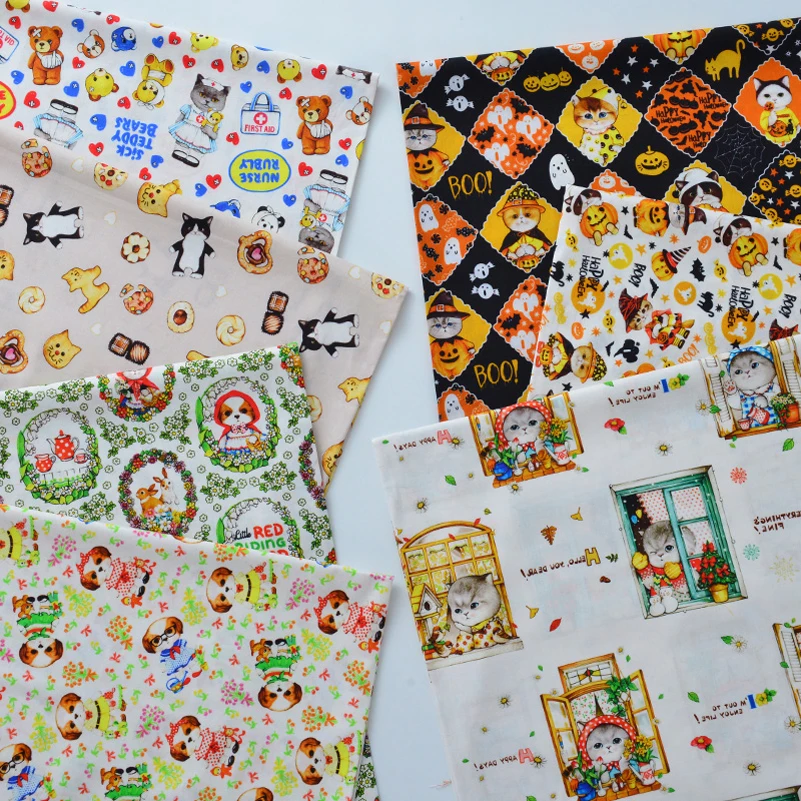 Cat Fabric Cartoon Pastoral DIY Handmade Pure Cotton for Quilting Needlework per Half Meter