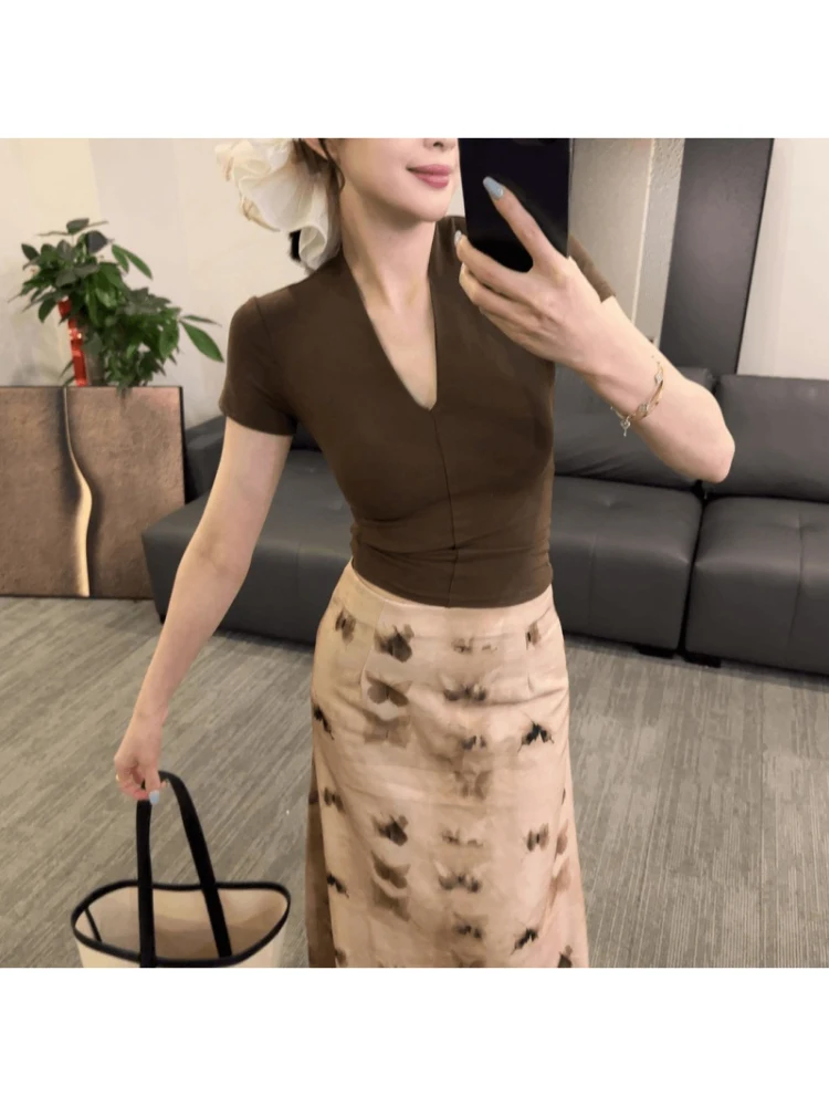 슬림핏 V넥 여성 여름 패션 얇은 스커트와 탑 세트, 에스닉 스타일 캐주얼웨어