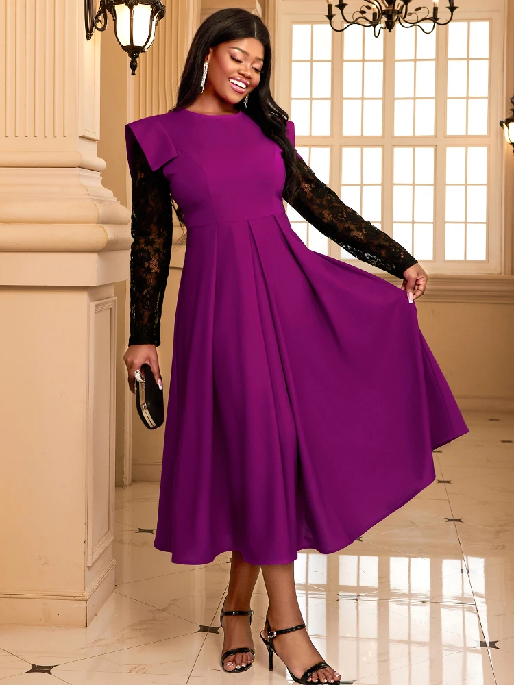 Pleated Dresses for Women Lace Patchwork Long Sleeves A Line Fashion Streetwear Elegant Skinny Evening Party Midi Purple Gowns