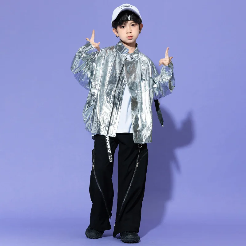 Disfraz de baile de Jazz para niñas y niños, ropa de Hip Hop, abrigo de manga larga plateado, pantalones negros, ropa de escenario de actuación de baile moderno