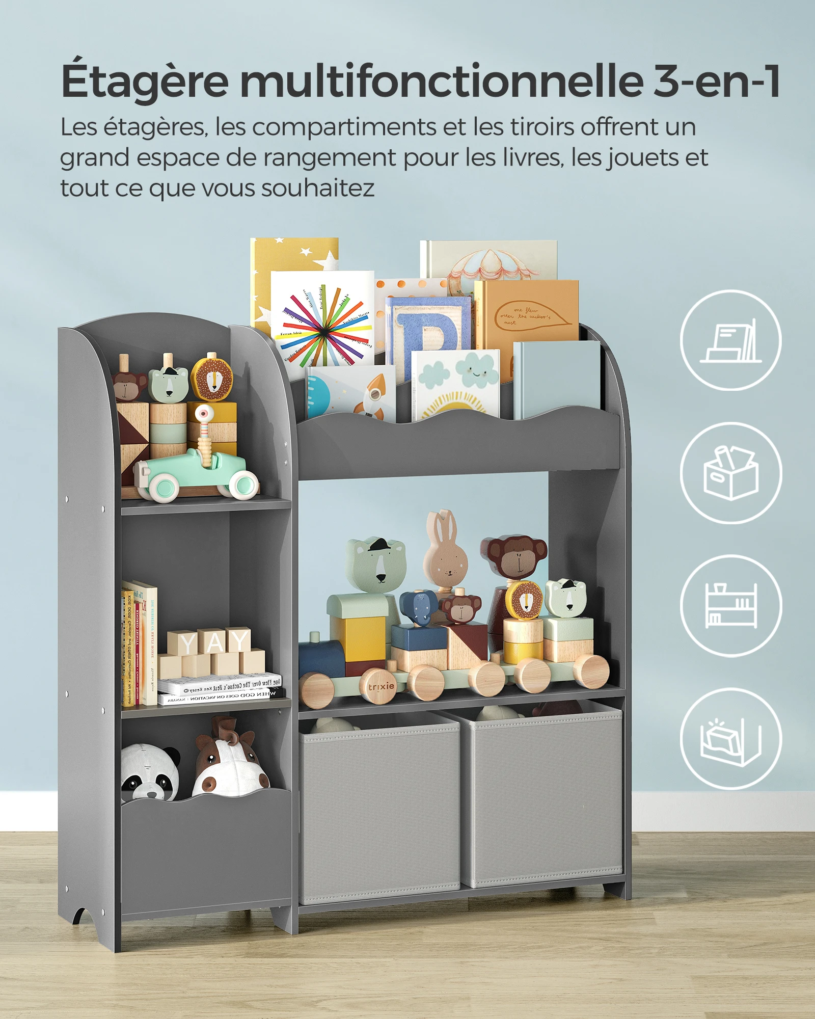 SONGMICS-خزانة كتب للأطفال ، رف للأطفال للعب والكتب ، تخزين مع صندوقين ، غرفة لعب ، غرفة أطفال