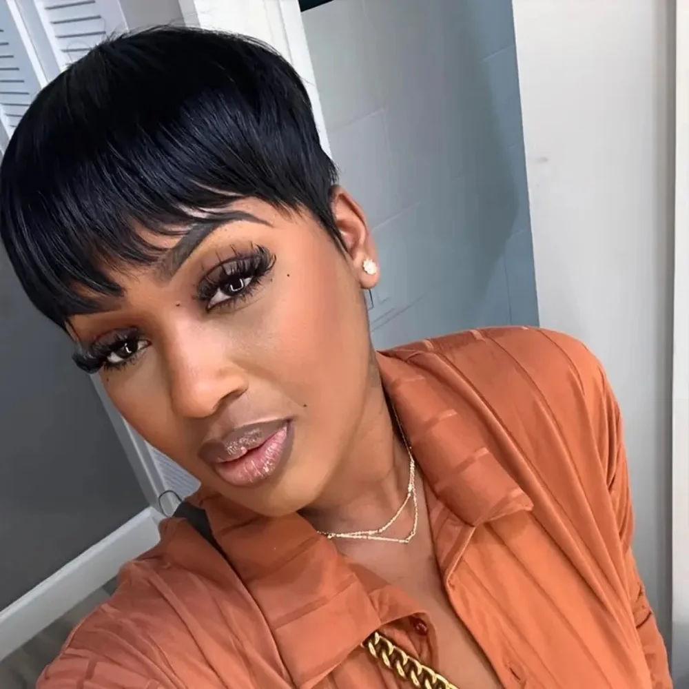 ショートストレートボブウィッグピクシーカットウィッグ人毛女性用前髪付きフルマシンメイド