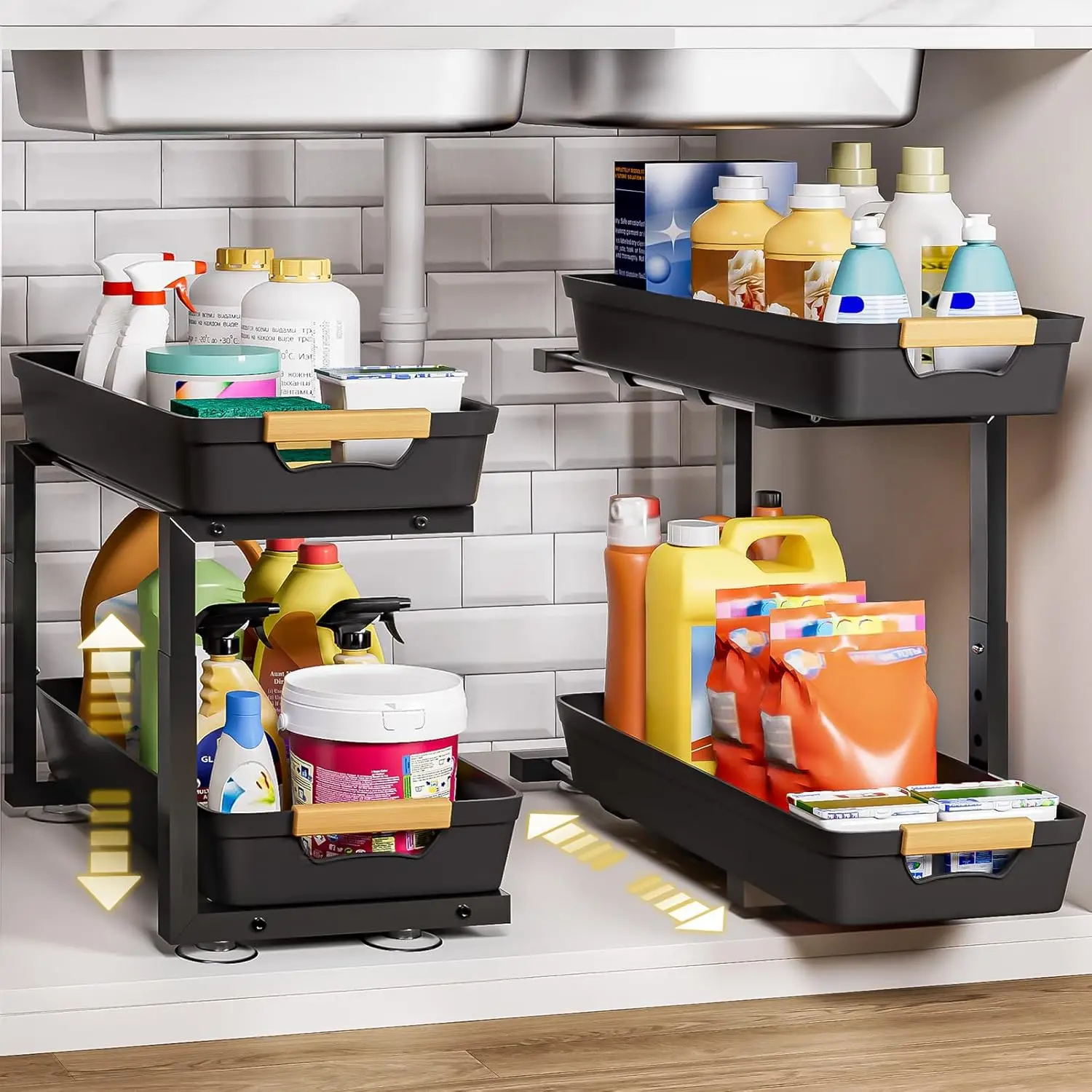 

2-Tier Under Sink Organizer: 2pcs Set Adjustable Pull Out Drawer Undersink Cabinet Storage Rack for Home Kitchen Bathroom