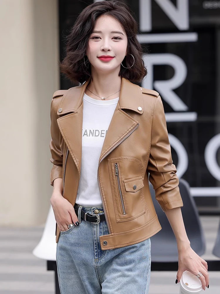 New Women Spring Autumn Biker Leather Jacket Fashion Turn-down Collar Zip-up Slim Short Coat Split Leather Casual Jacket