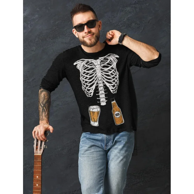 Men\'s Skull Beer Belly Shirt Funny Halloween Men\'s Long Sleeve Hoodie