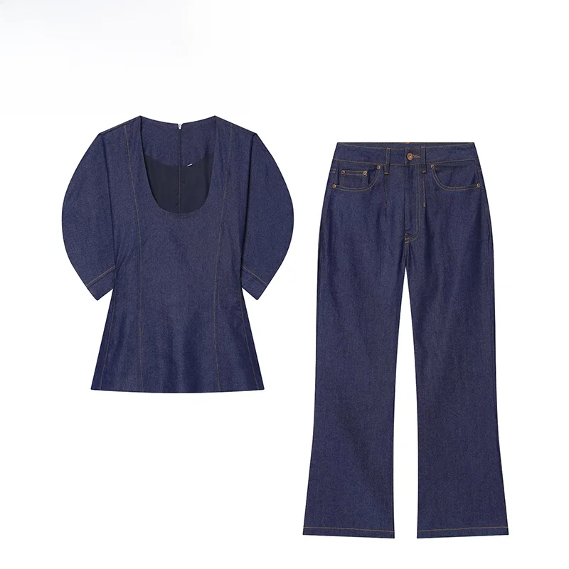 

Summer New ZR Women's Denim Shirt And Micro Flare Jeans Set Short Sleeve round Neck Fashionable Two-Piece Suit for Ladies