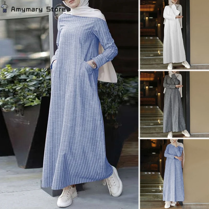 

2024 New Female Muslim Long-sleeved Robe Cotton and Linen Striped Round Tie Pocket Long Skirt Casual Loose Street Women's Dress