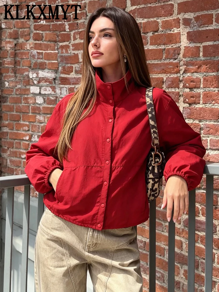 KLKXMYT Street Chic Red Single Breasted Jackets For Women 2026 Autumn New Causal Long Sleeve Stand Collar Coats High Street Top