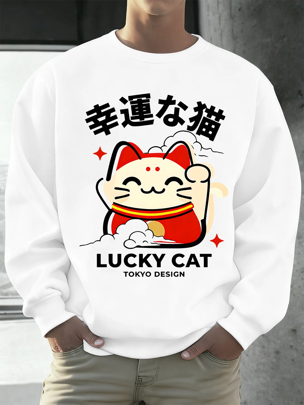 

Мужская толстовка с принтом Lucky Cat Tokyo Design, зимняя свободная толстовка с капюшоном, спортивный флисовый теплый пуловер с круглым вырезом, базовая мужская одежда