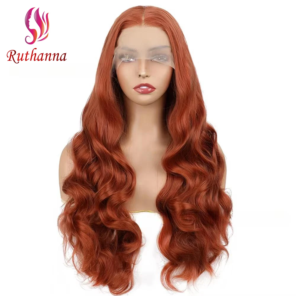 Orange Body Wave 13x4 Lace Front Synthetic Long Curly Wig For Women Middle Part Transparent Lace Frontal Fashion Wig Daily Use