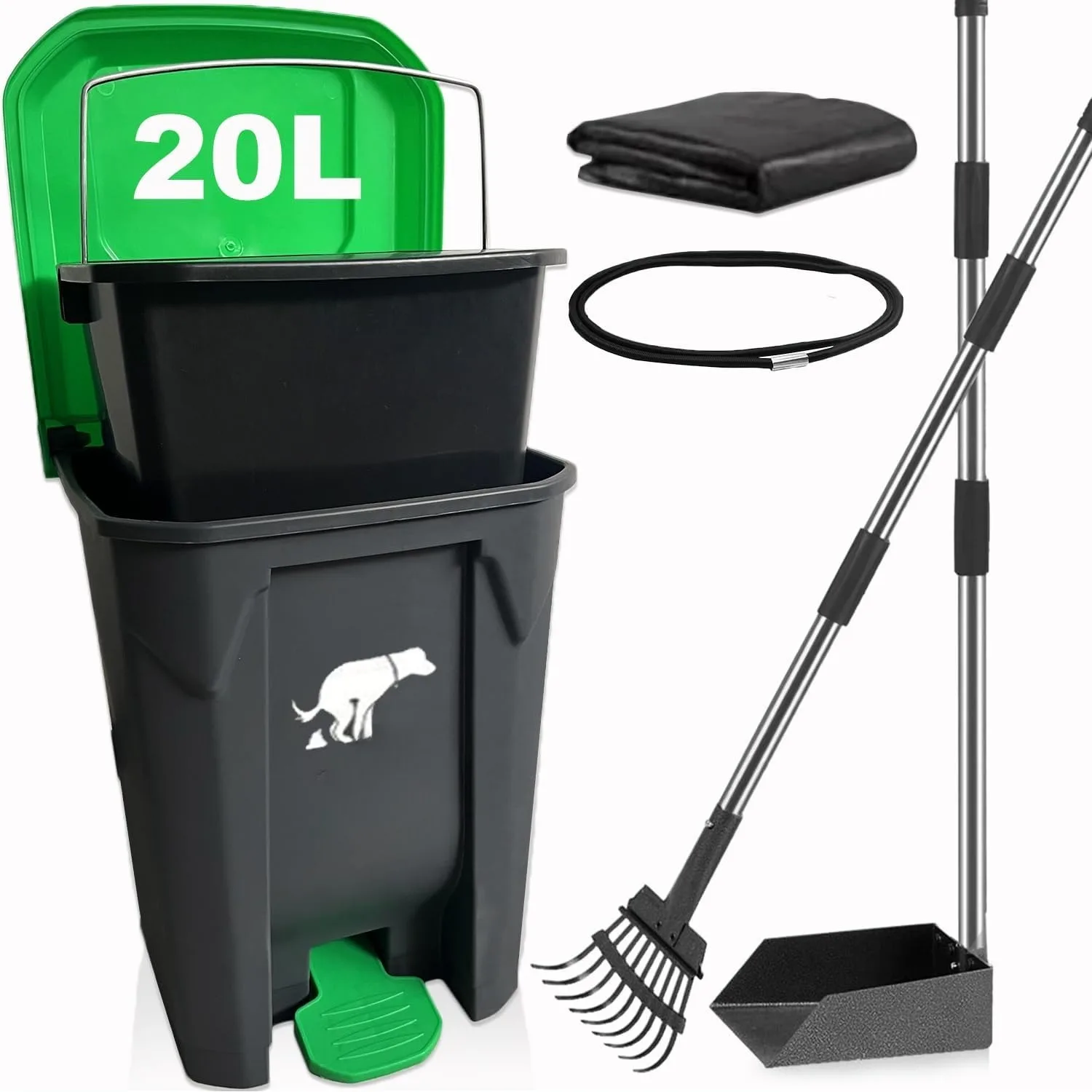 

6-piece set - Courtyard large dog manure scooter -20L garbage bin -28 inch long handle metal tray and rake, and 50 garbage bags