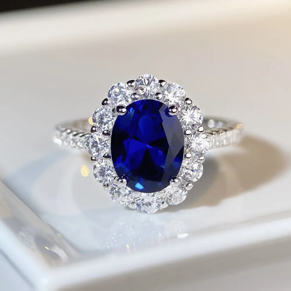 Luxury White Gold Ring Women's Platinum PT950 Sapphire Ring Women's Dove Egg Shape Luxury Full Set European and American