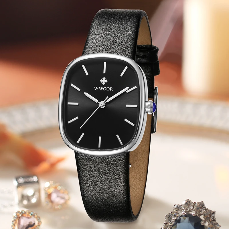 WWOOR New Luxury Black Leather Watch For Women Dress Elegant Watch Casual Women Bracelet Wristwatch Female Gift Relogio Feminino