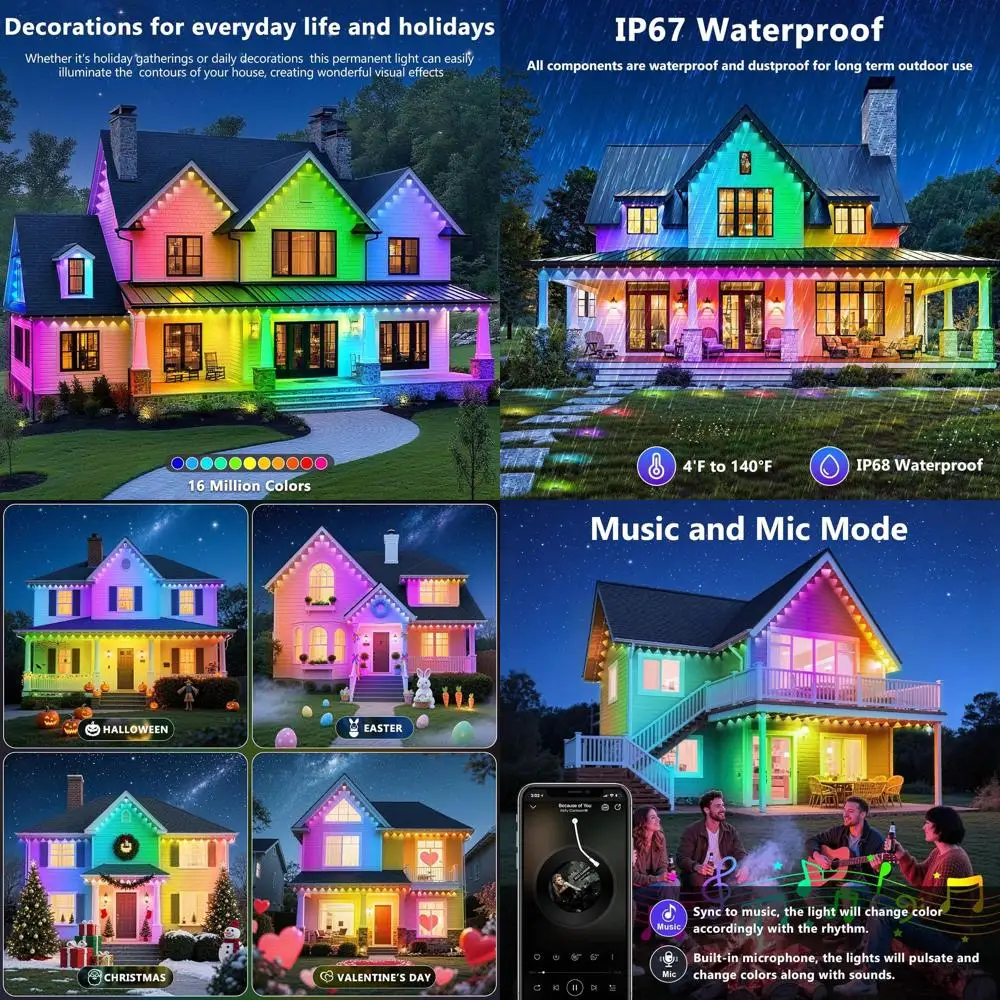 

Водонепроницаемые уличные светильники RGB для карнизов с управлением через приложение и пультом ДУ, настраиваемые сценарии, подходят для садов, домов и вечеринок
