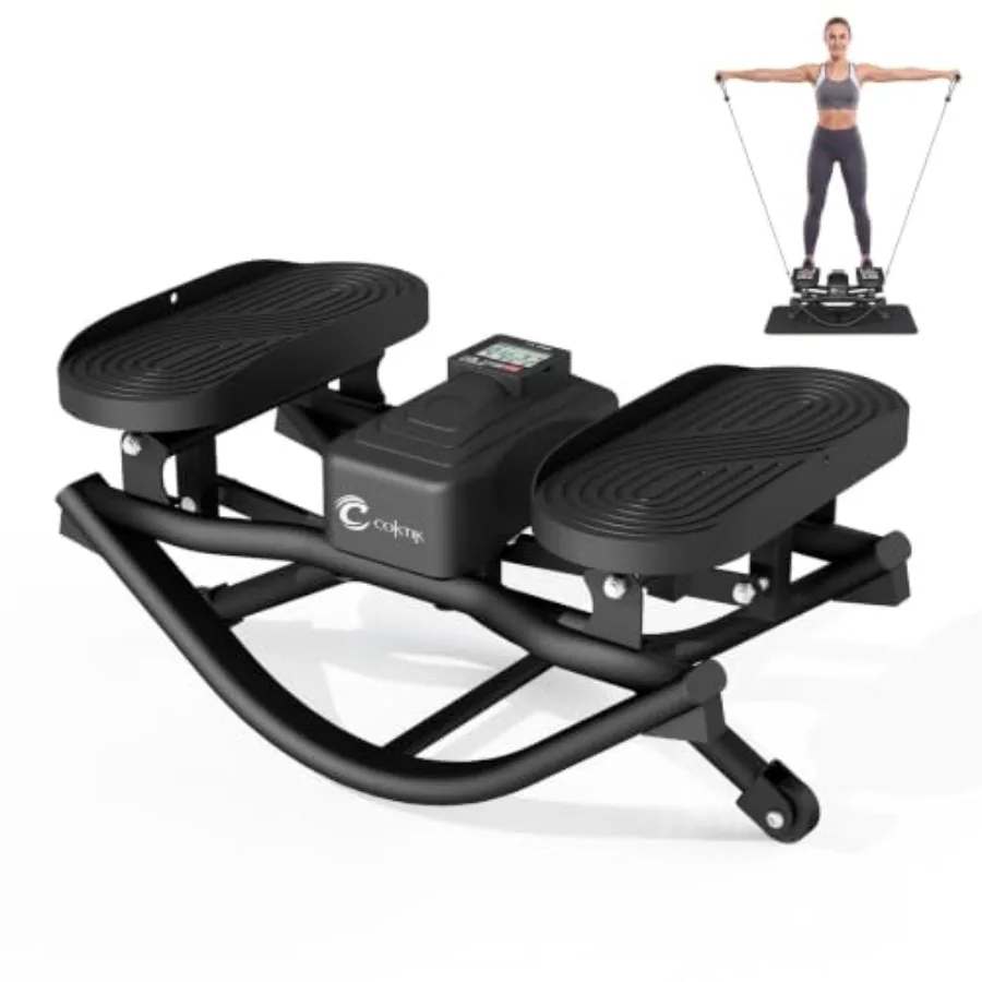 Home workout rocker stepper with 350 LBS capacity, noise-reducing PP plastic body, black-gray color, portable design with resis