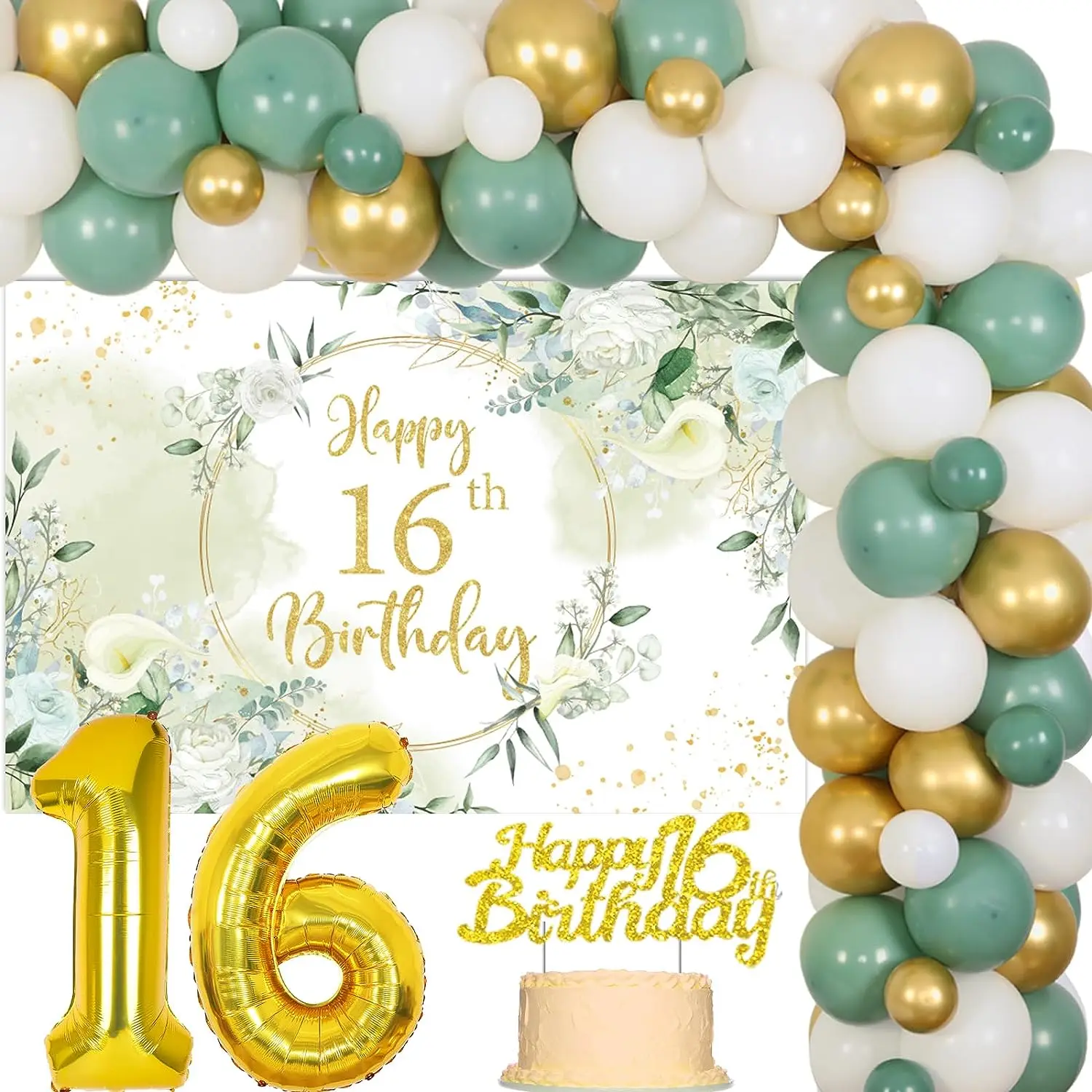 Sweet 16 Birthday Party Decoration for Girl, Sage Green, Gold Balloon, Garland Kit with Flower, Happy 16th Birthday Backdrop, Ca