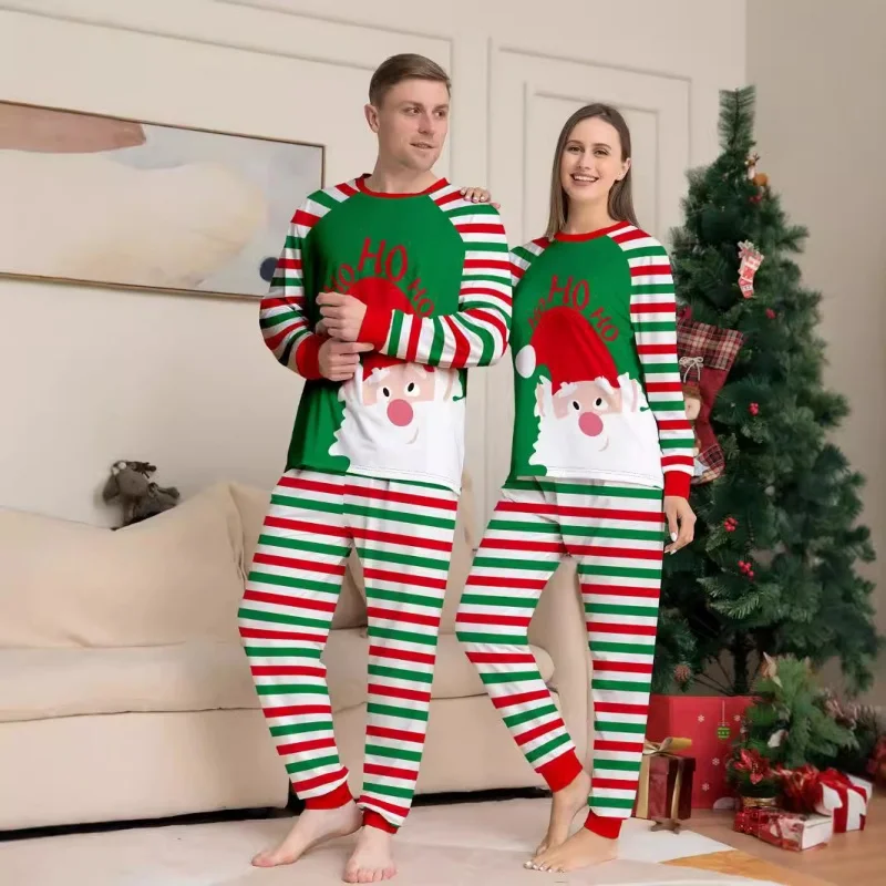 Pijamas navideños con estampado de Papá Noel, ropa de dormir a rayas para padre, madre y bebé, Tops y pantalones, trajes a juego para la familia