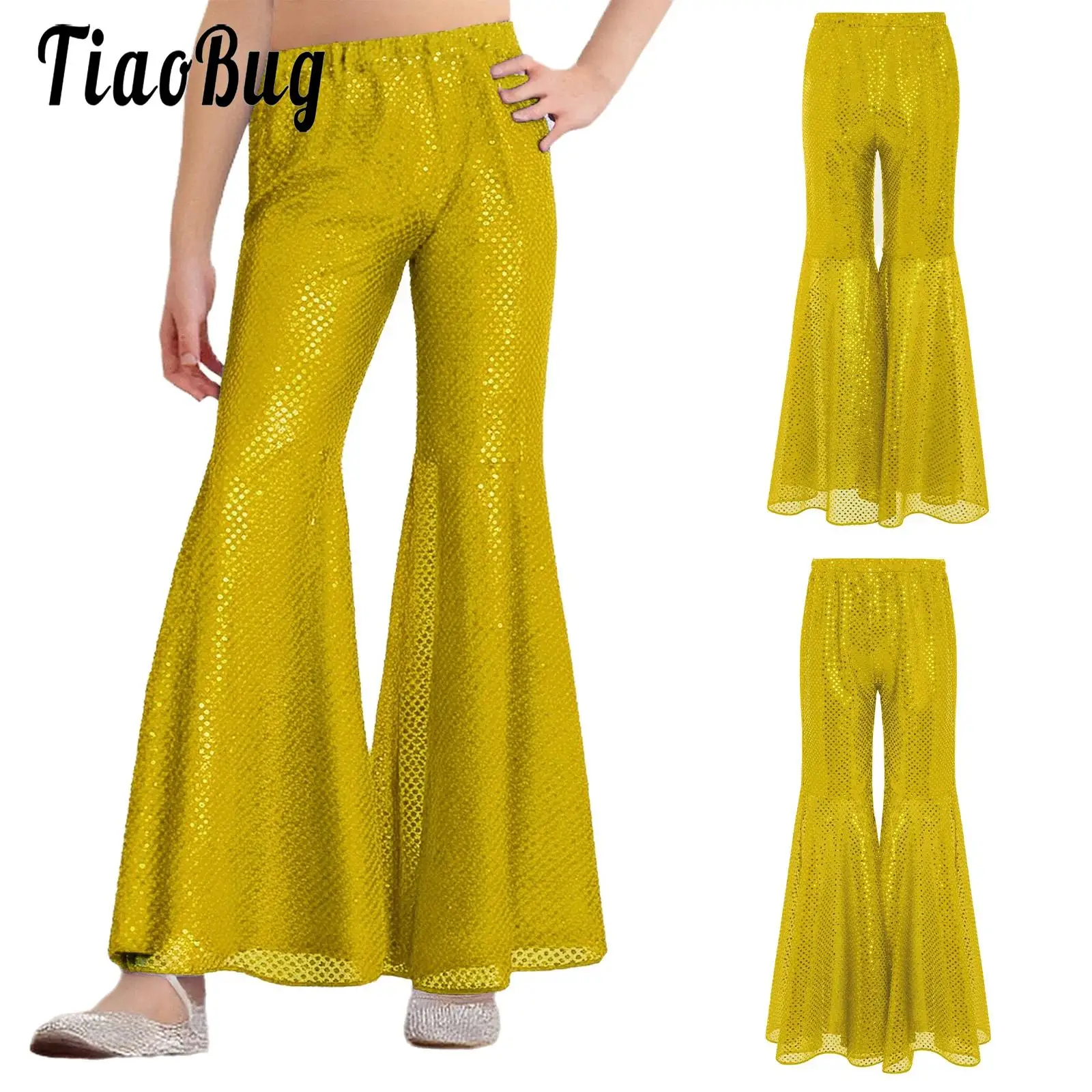 

Kid Girls Sparkly Sequins Jazz Latin Belly Dance Costume Shiny Cha-cha Tango Flared Pants Elastic Waistband Bell-Bottom Trousers