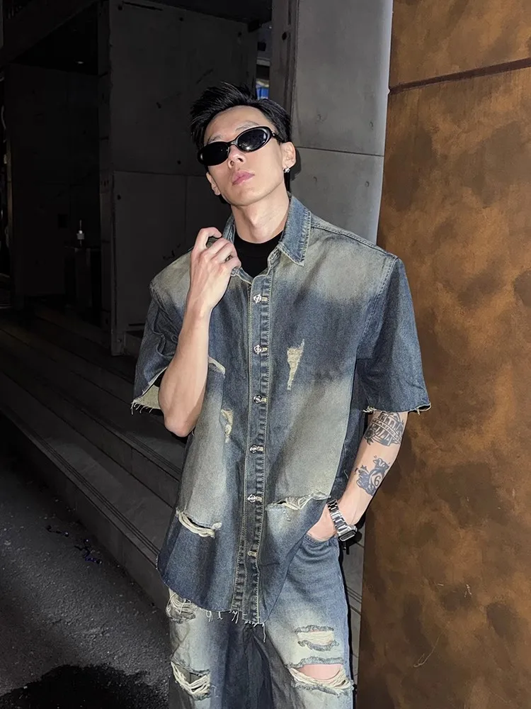 Top Quality Chic Men Spring Summer Vintage Denim Shirts Ripped Style Short Sleeved Turndown Collar Loose Fit Personality Tops